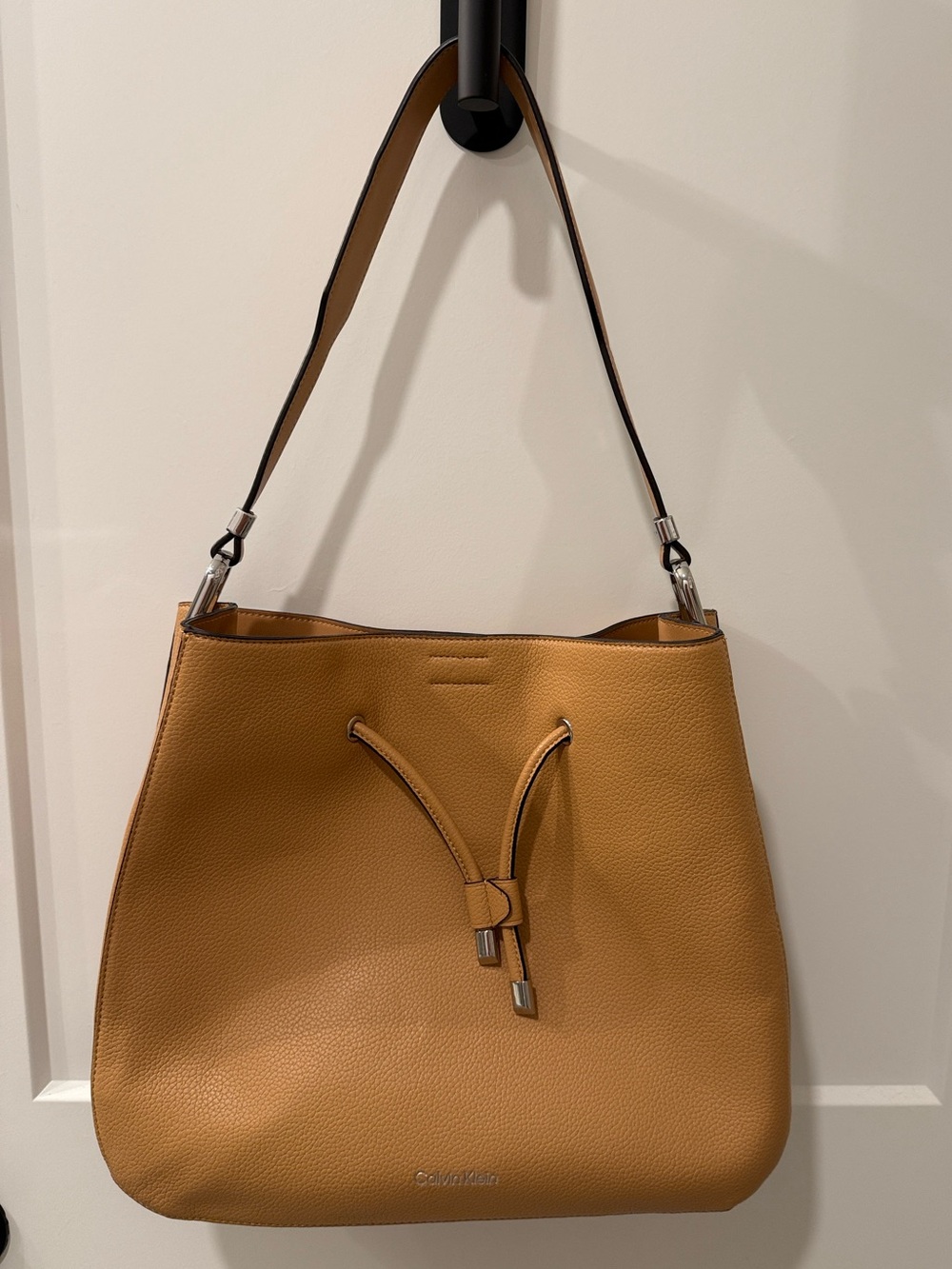 Calvin Klein Tan Pebbled Leather Drawstring Shoulder Bag